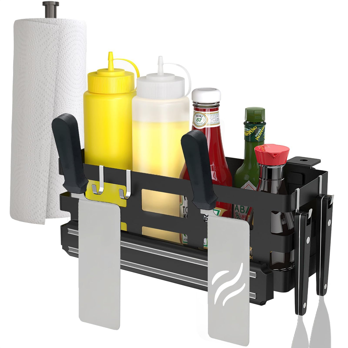 MeWeBlue griddle caddy mounted on side shelf for quick access to essentials