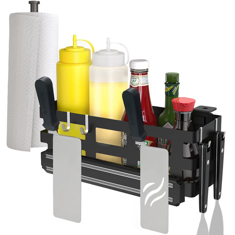 MeWeBlue griddle caddy mounted on side shelf for quick access to essentials