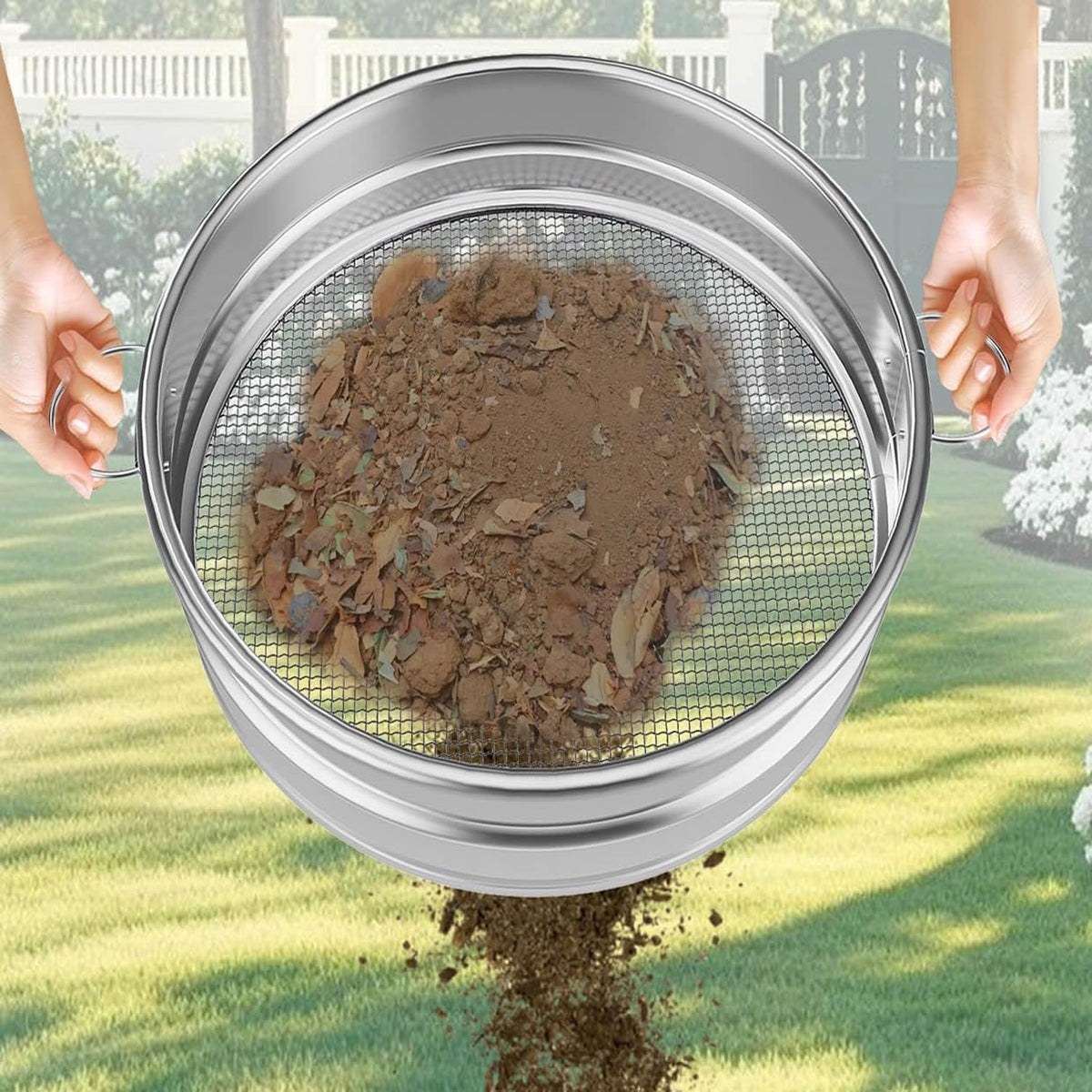 MEWPON 19-inch soil sifter front view with handle for easier soil prep.