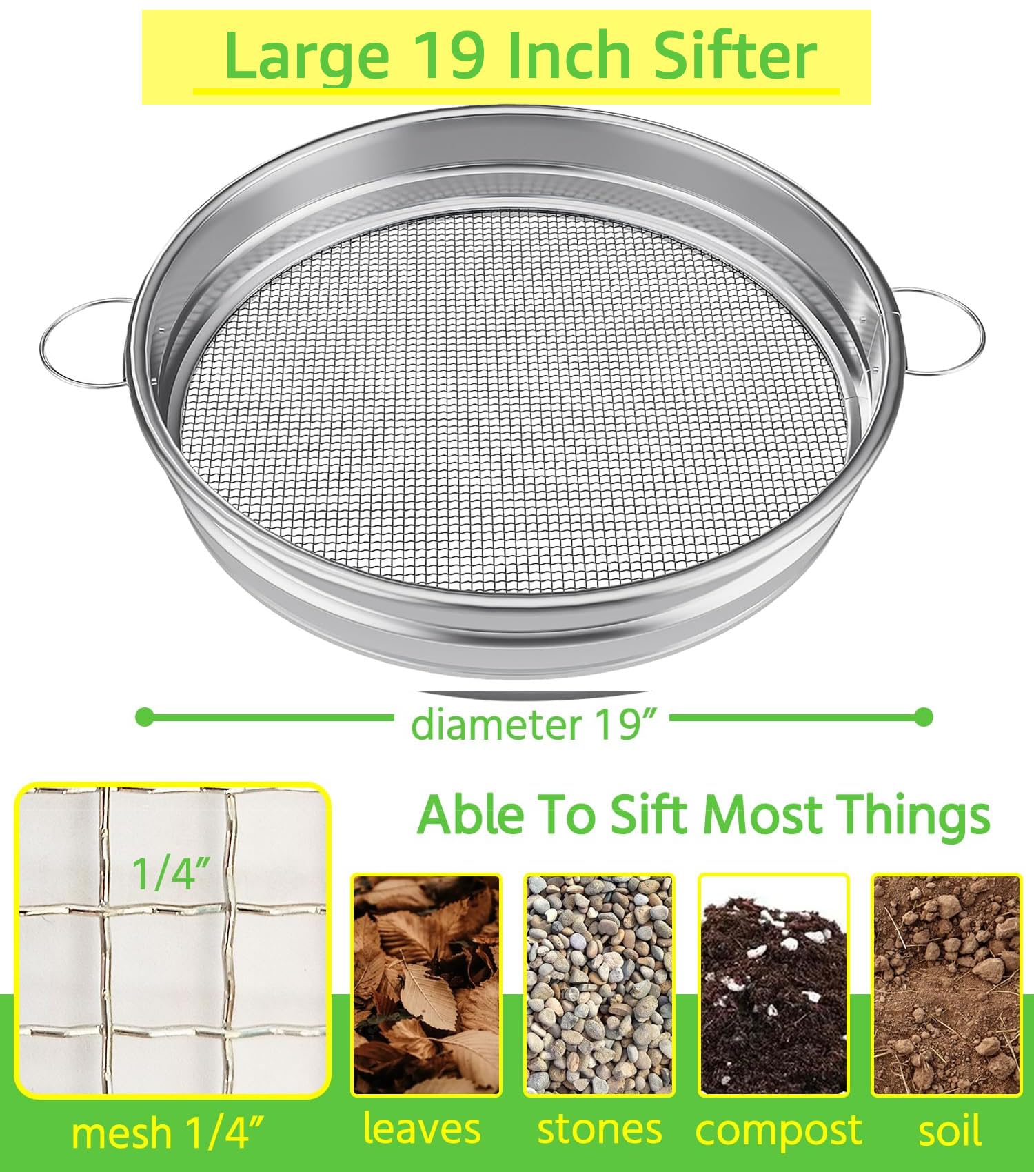 MEWPON soil sifter top view highlights wide mesh for fast debris separation.