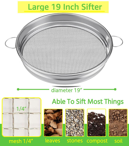 MEWPON soil sifter top view highlights wide mesh for fast debris separation.