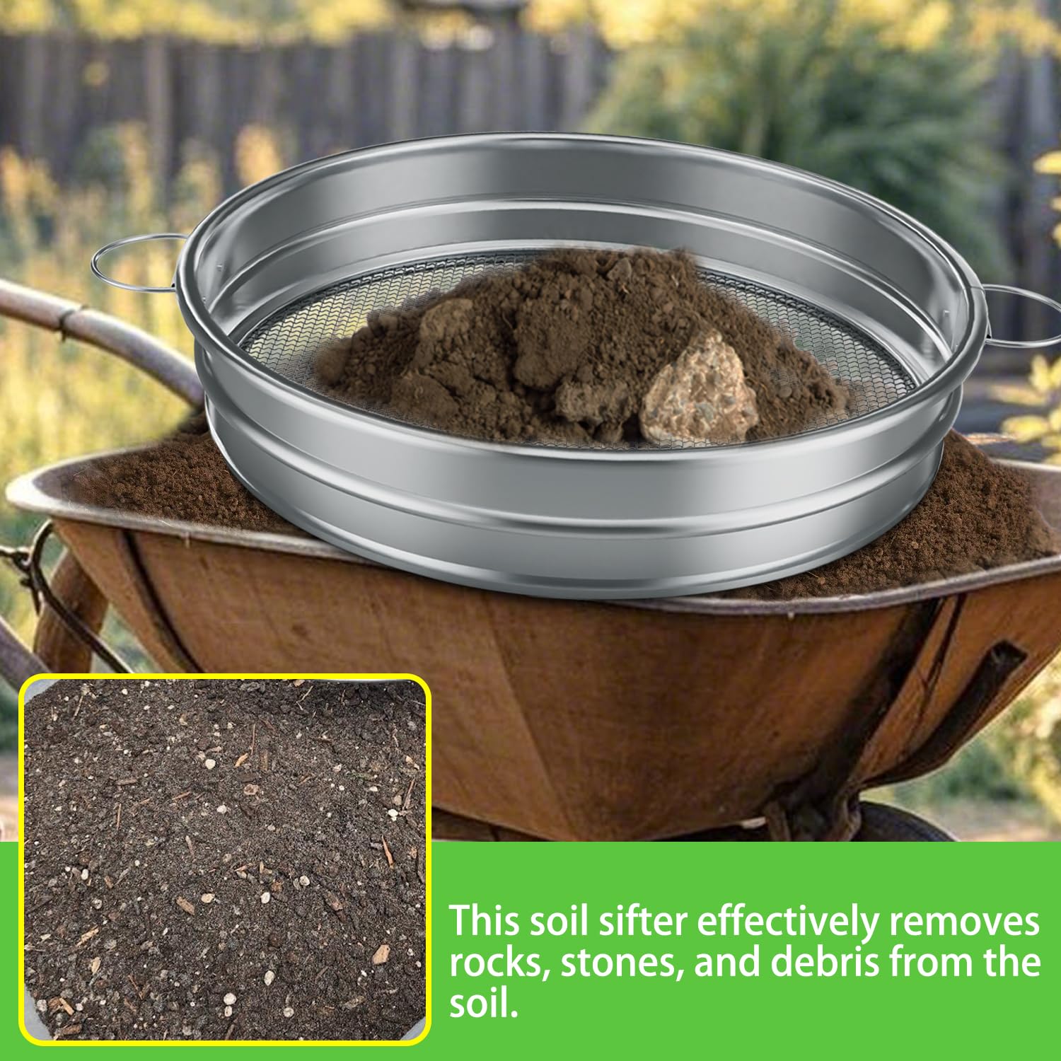 MEWPON 19-inch sifter handle close-up shows a sturdy grip for repeated use.