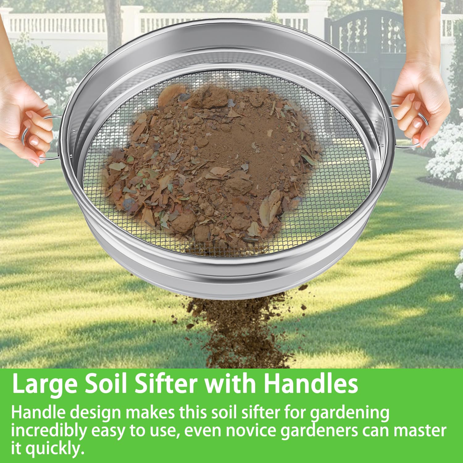 MEWPON sifter in garden removing rocks to create clean potting mix.