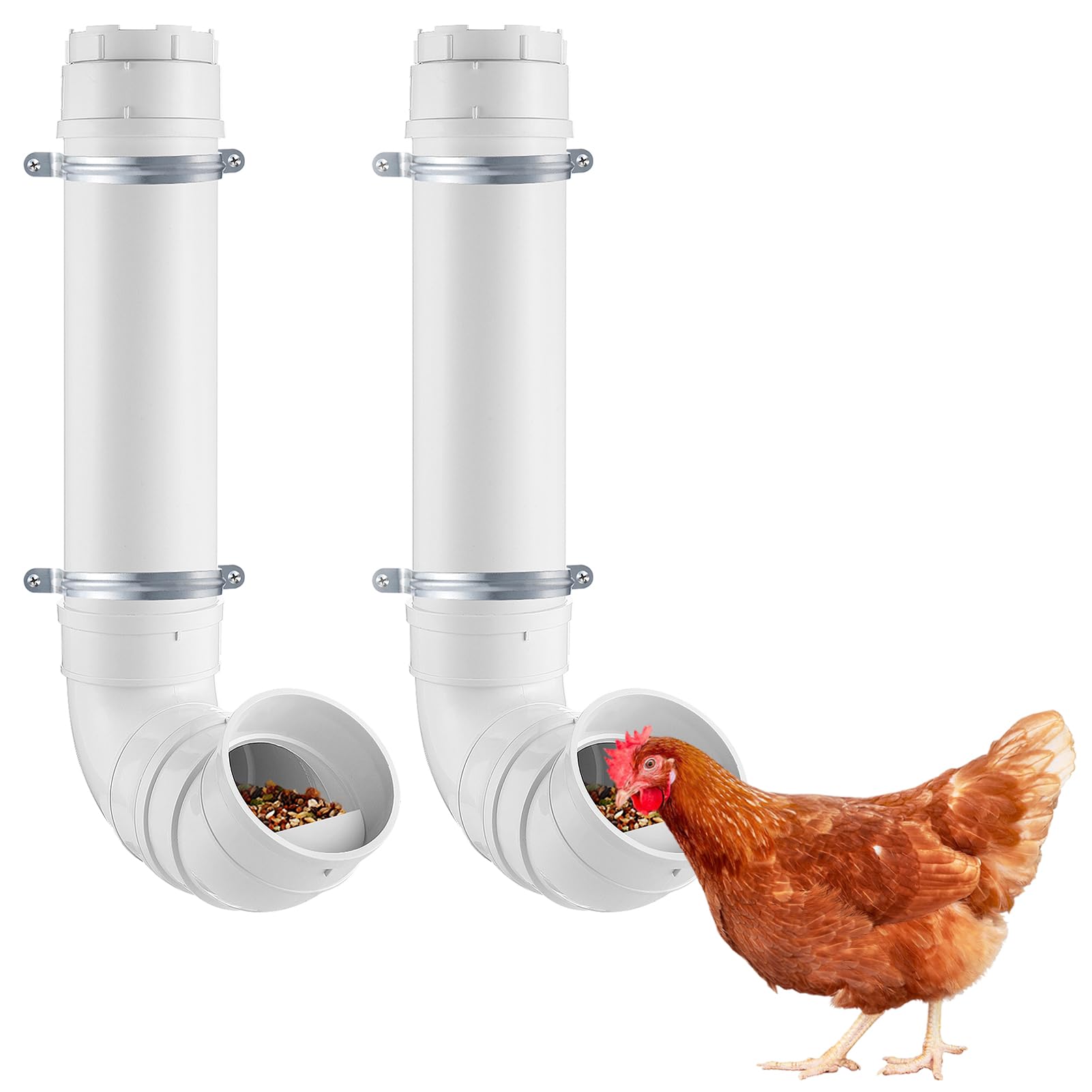 MEWTOGO 2-set automatic chicken feeder mounted on coop wall for no-waste feeding.