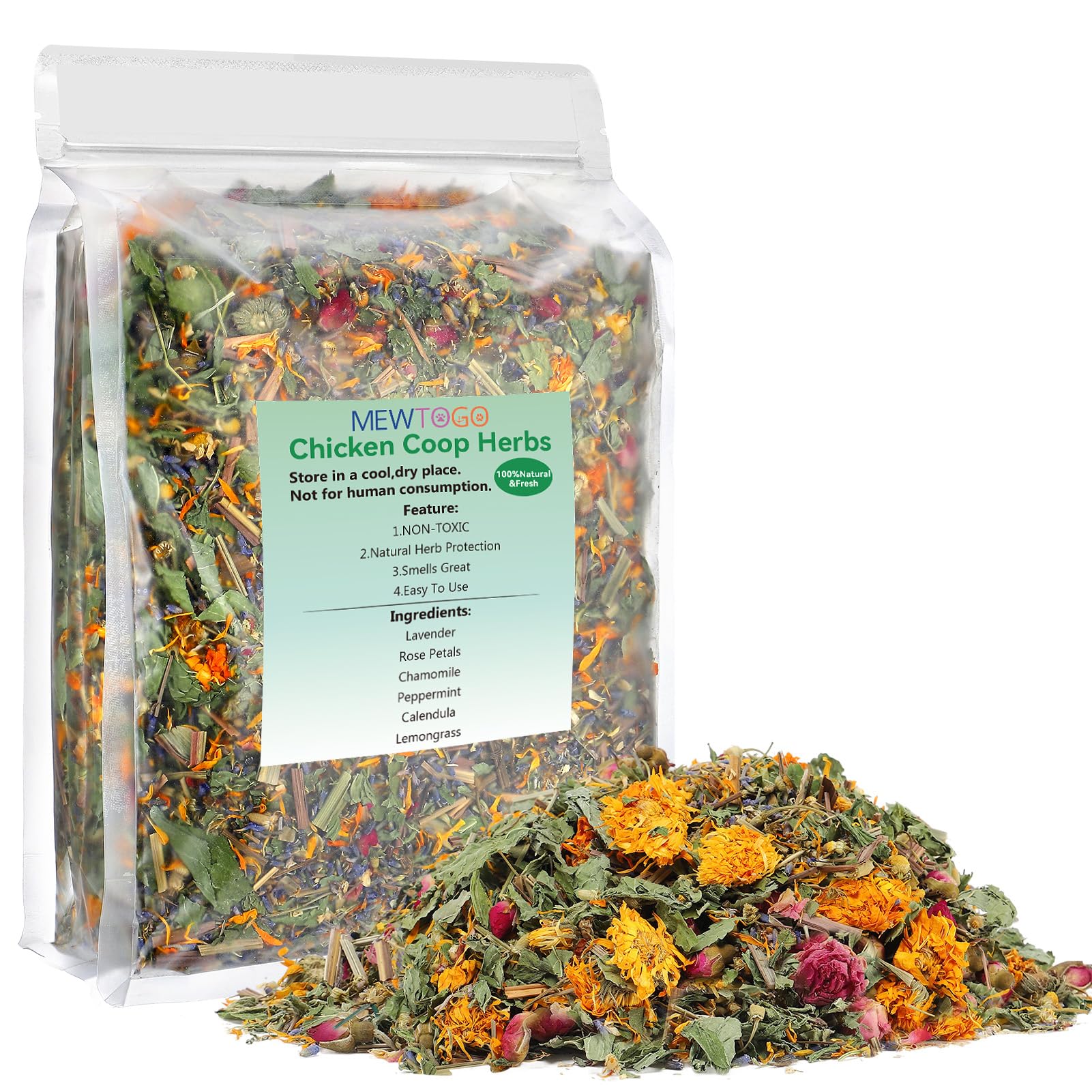MEWTOGO chicken nesting herbs in coop, soothing scent for calmer hens and fresh bedding.