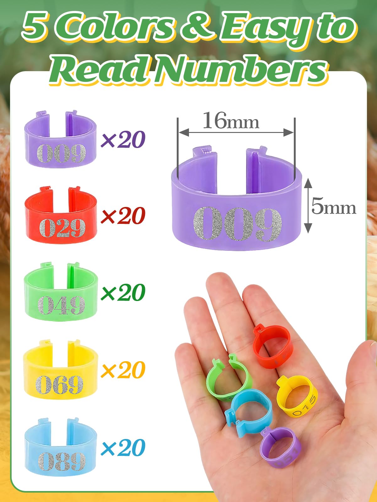 Mewtogo rings in yellow, blue, purple, red, and green for easy breed separation.