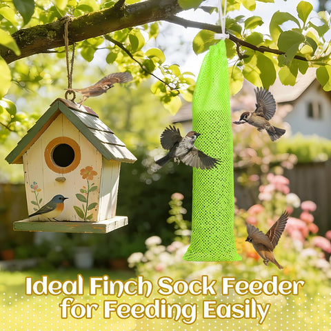 MEWTOGO mesh-detail finch sock feeder shows breathable fabric for multiple birds