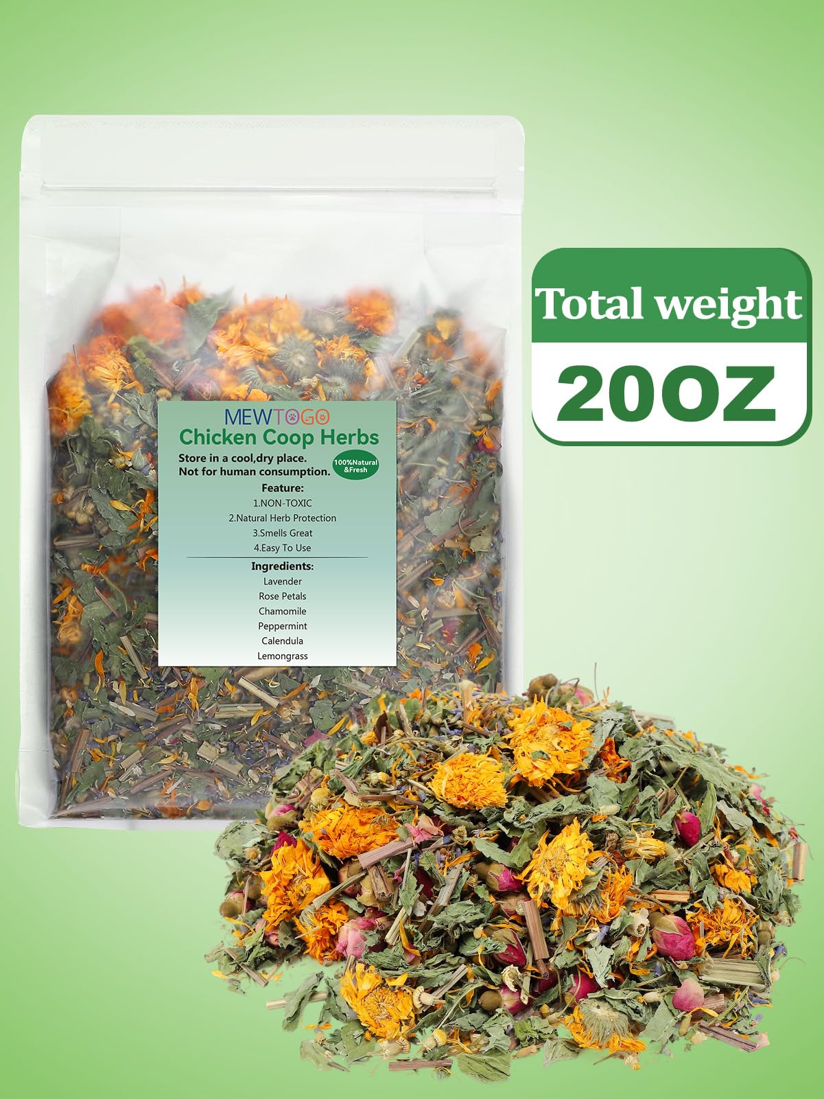 MEWTOGO natural air-dried herbs safe for daily use around chickens and ducks.