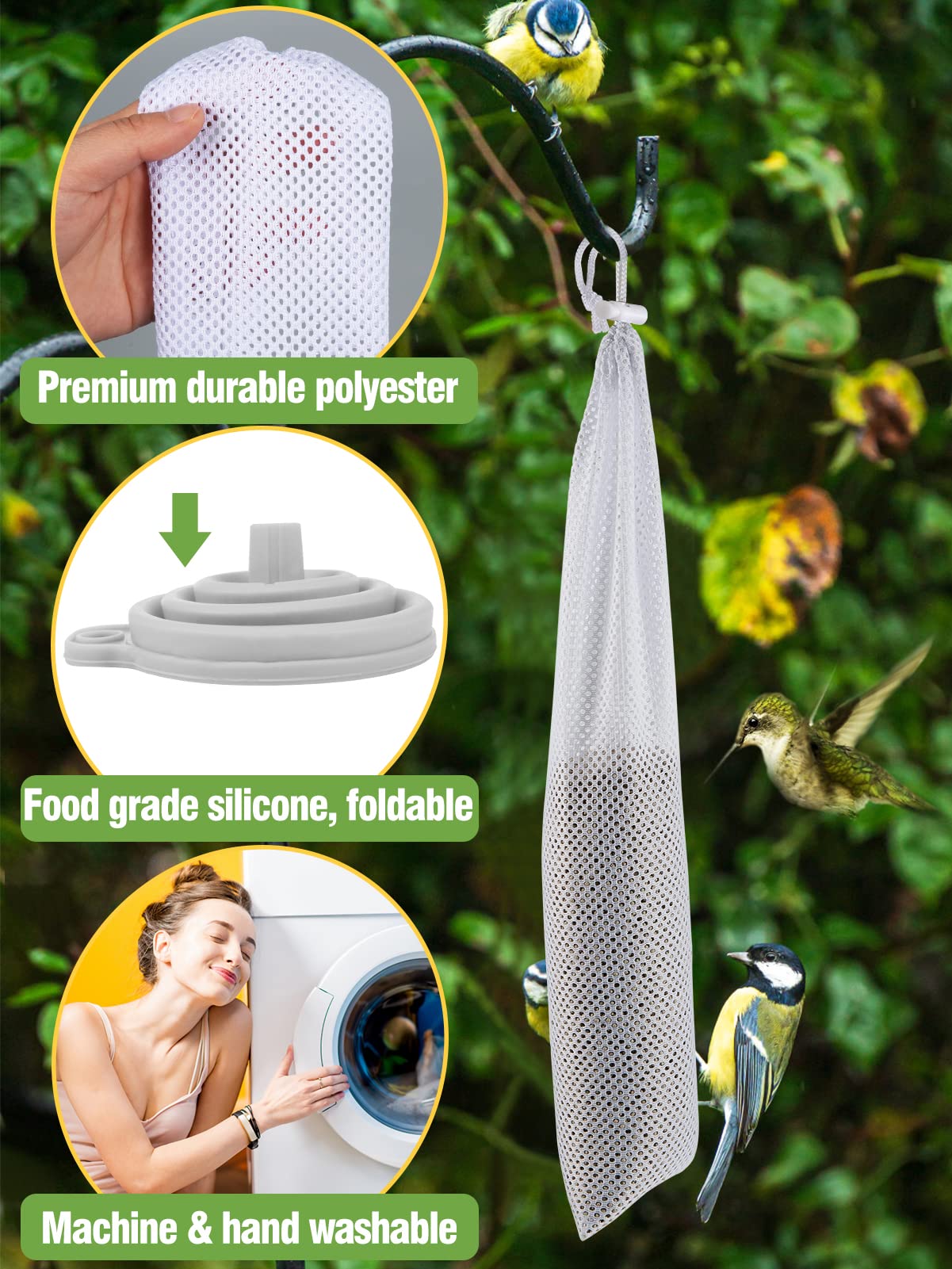 MEWTOGO outdoor finch feeder hung on a branch attracting birds