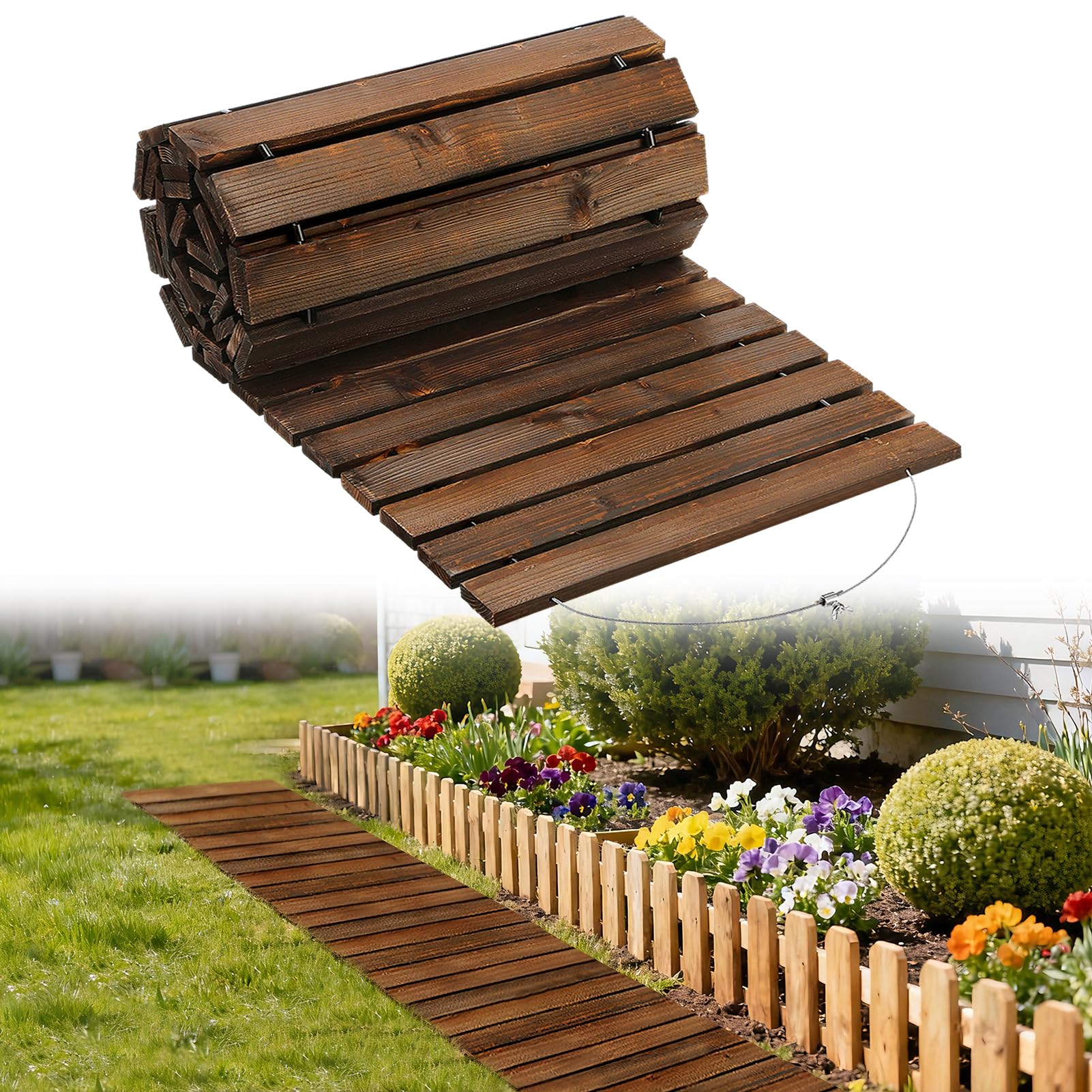 MEWTOGO wooden garden pathway 8.2ft across a lush lawn for durable outdoor access