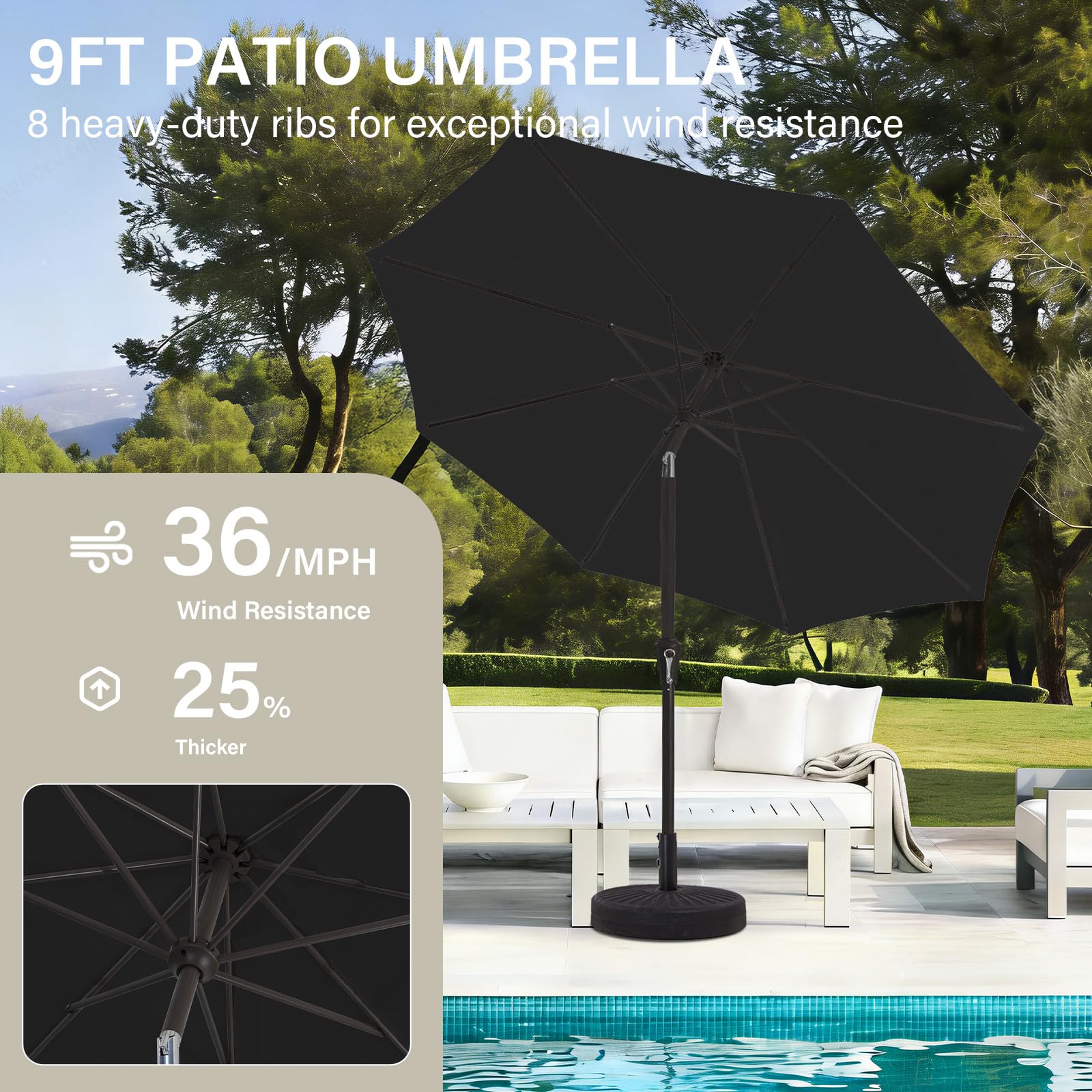 Heavy-duty 1.5-inch iron pole on MEWAY umbrella for stability