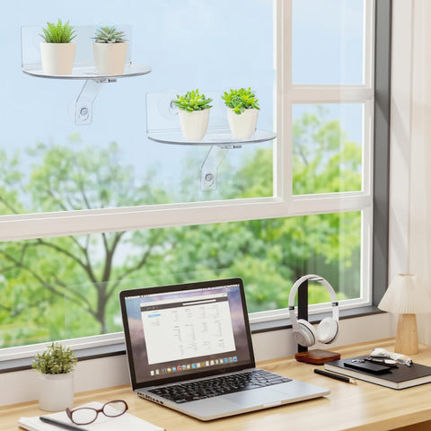 Window sill setup with Meyeyaia shelves and plants