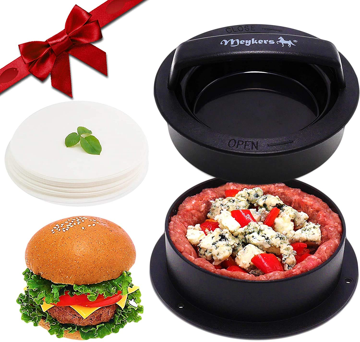 Meykers burger press 3-in-1 mold in use, easy patty release and uniform shapes.