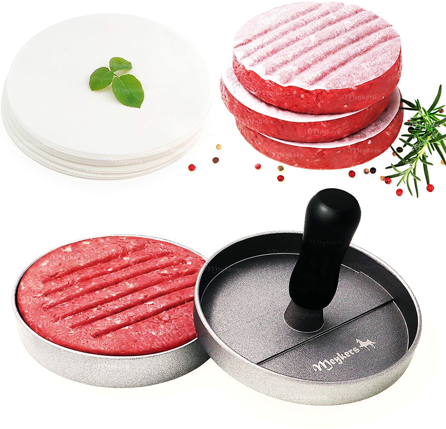 Meykers burger press with detachable handle for easy storage and transport