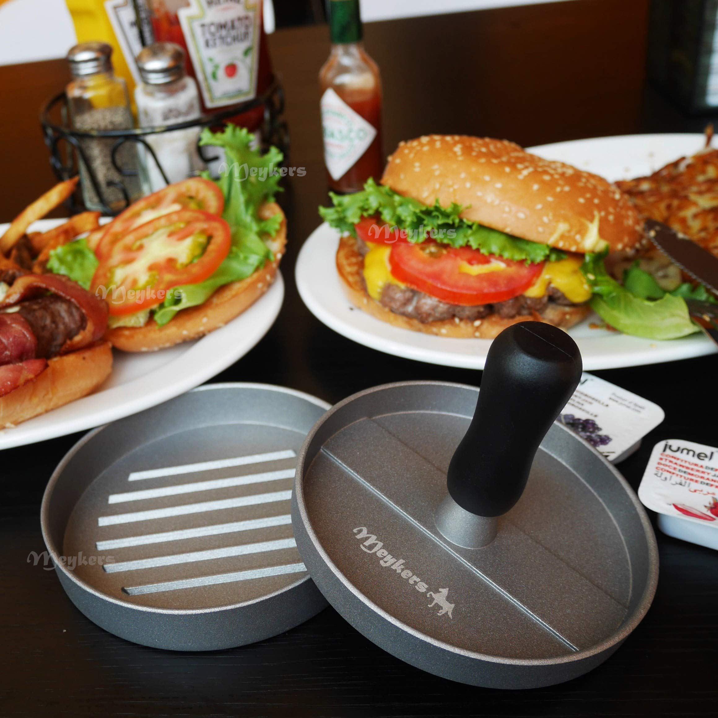 Meykers burger press showing non-stick surface for clean patty release