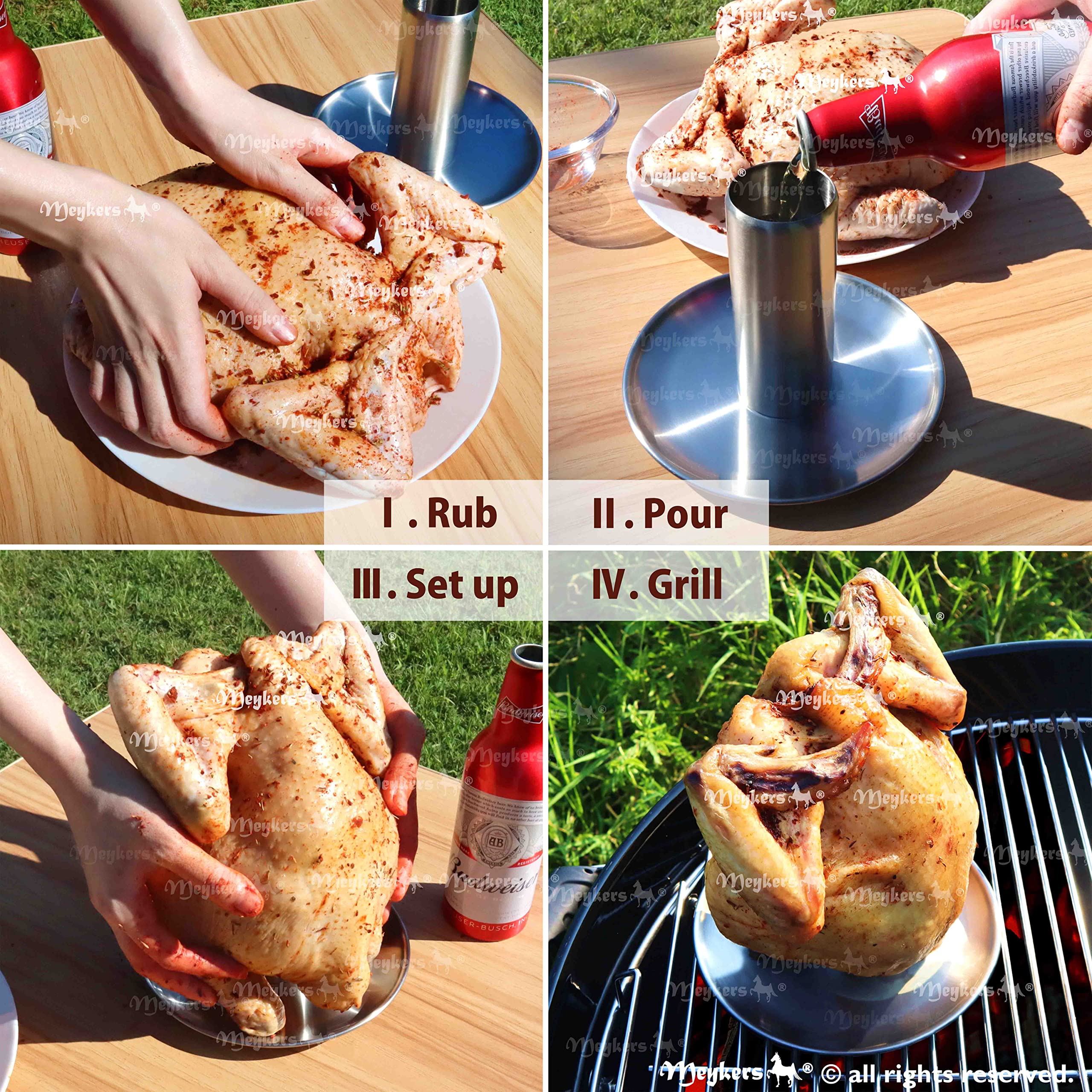 Meykers chicken roaster in use on grill for even cooking