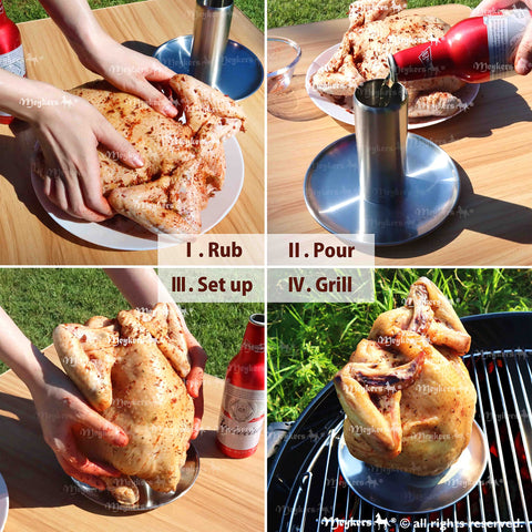 Meykers chicken roaster in use on grill for even cooking