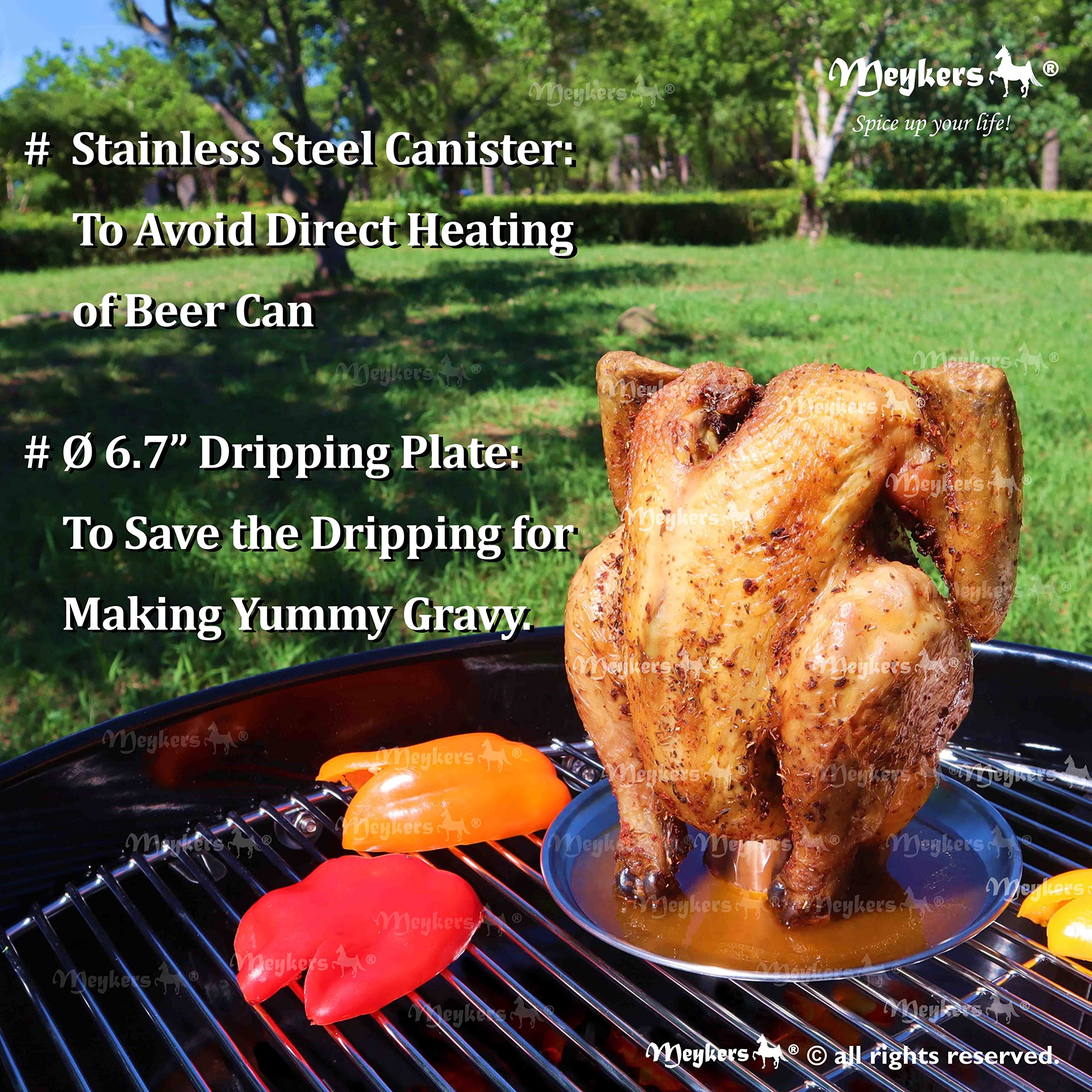 Meykers drip tray catches juices for gravy and easy cleanup