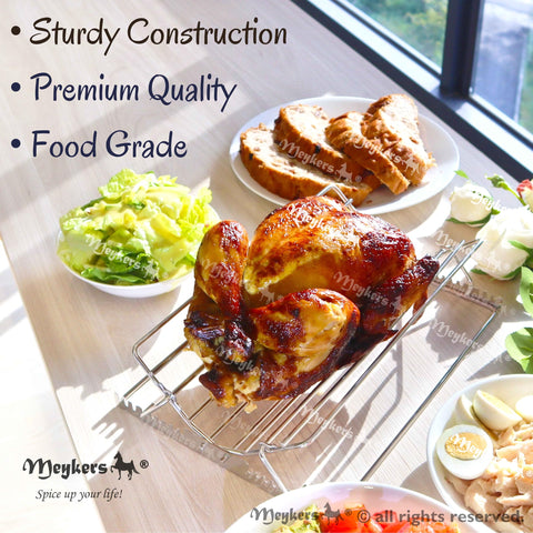 Meykers rack demonstrates adjustable height for turkey or chicken