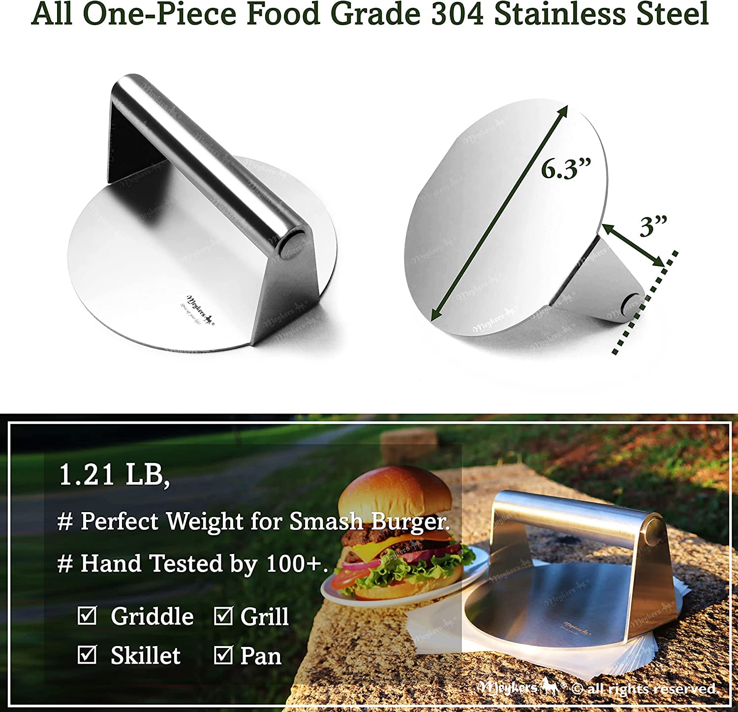 Meykers Smash Burger Press one-piece 304 stainless steel for durable, rust-free performance.