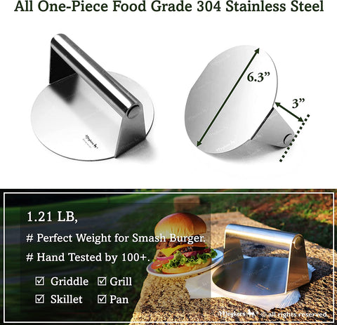Meykers Smash Burger Press one-piece 304 stainless steel for durable, rust-free performance.