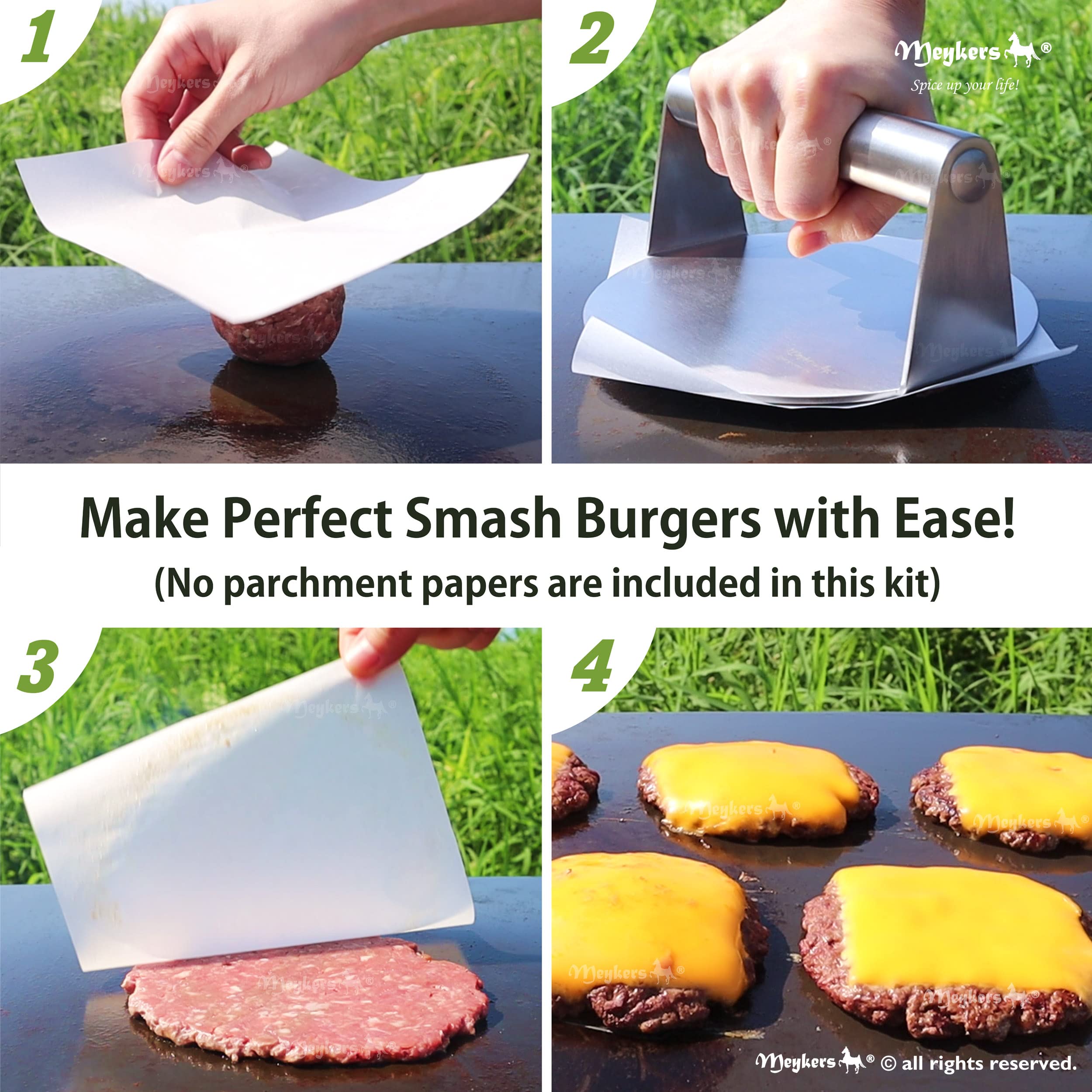 Meykers Smash Burger Press perfect-weight size ensures uniform flattening on pans.