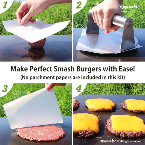 Meykers Smash Burger Press perfect-weight size ensures uniform flattening on pans.