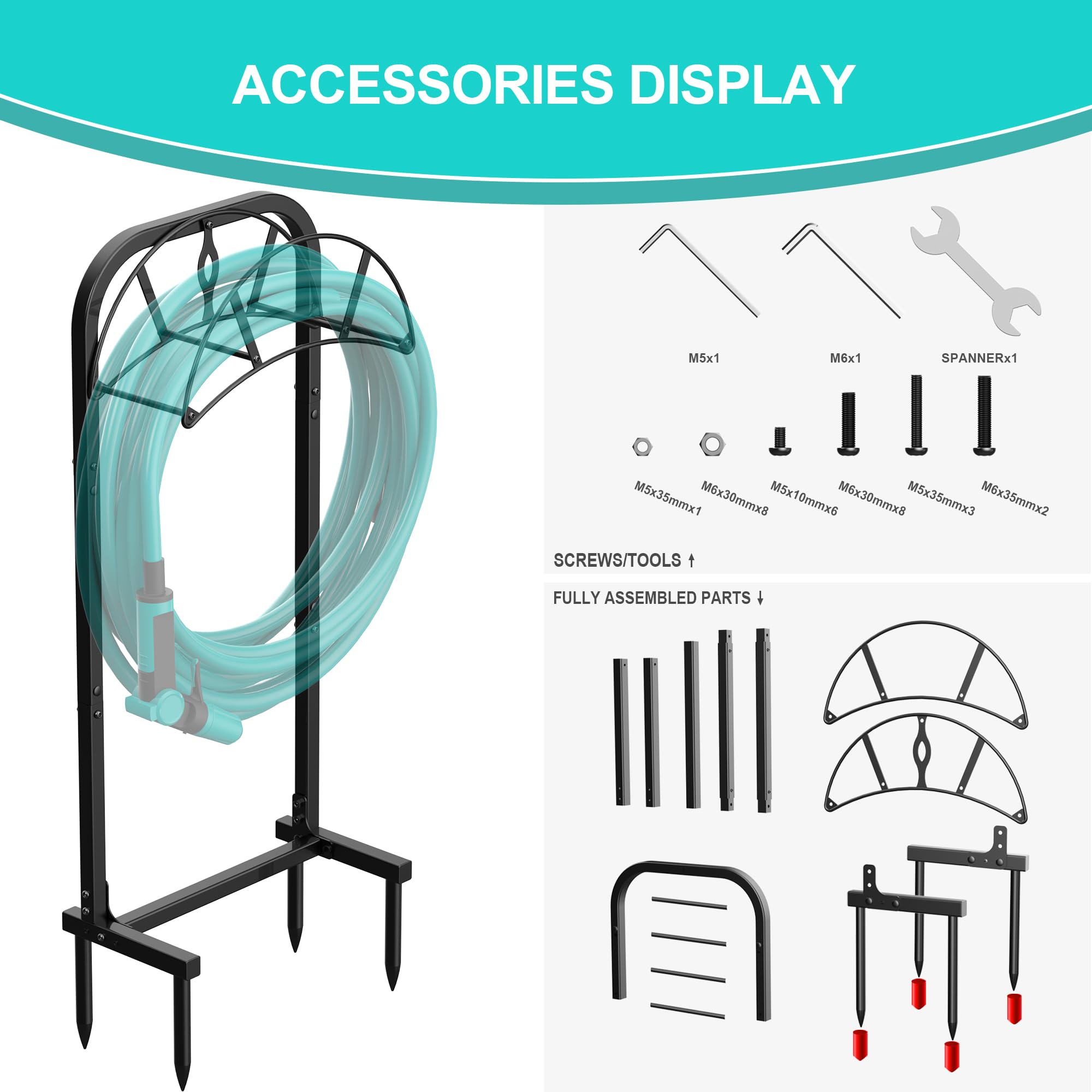 Meykwod freestanding hose stand placed outdoors without wall mounting.