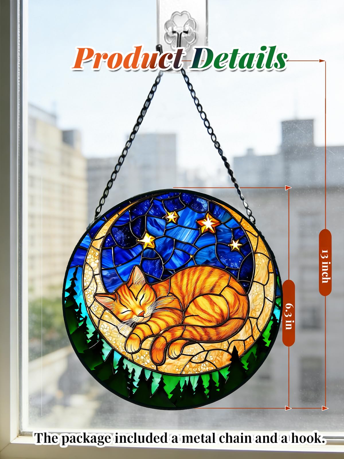 Meyocky cat suncatcher arrives ready to hang with a sturdy chain.