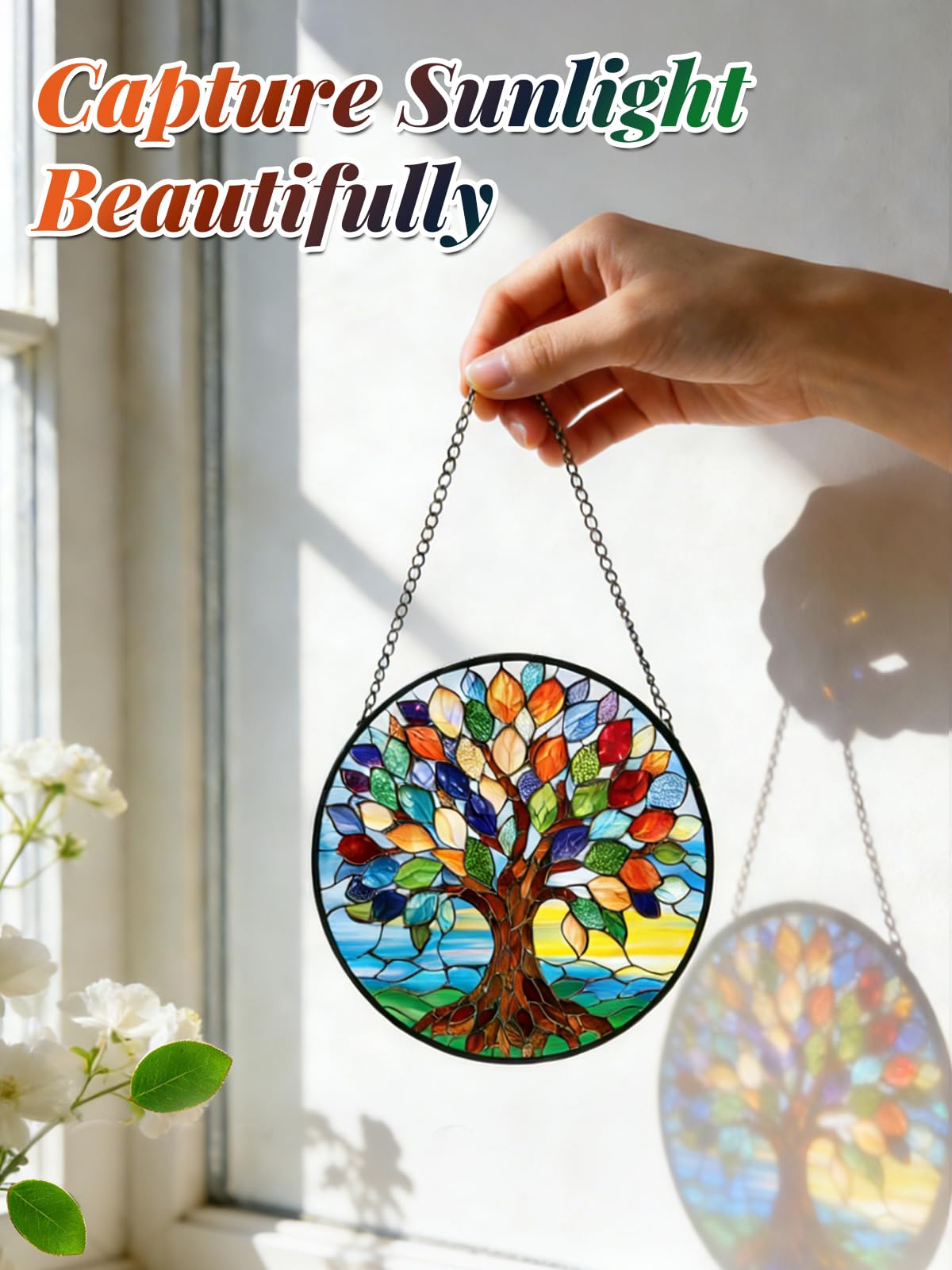 Meyocky glass panel sun catcher showcases vibrant, fade-resistant color.