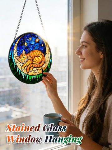 Meyocky orange cat suncatcher close-up reveals glass detail and craftsmanship.