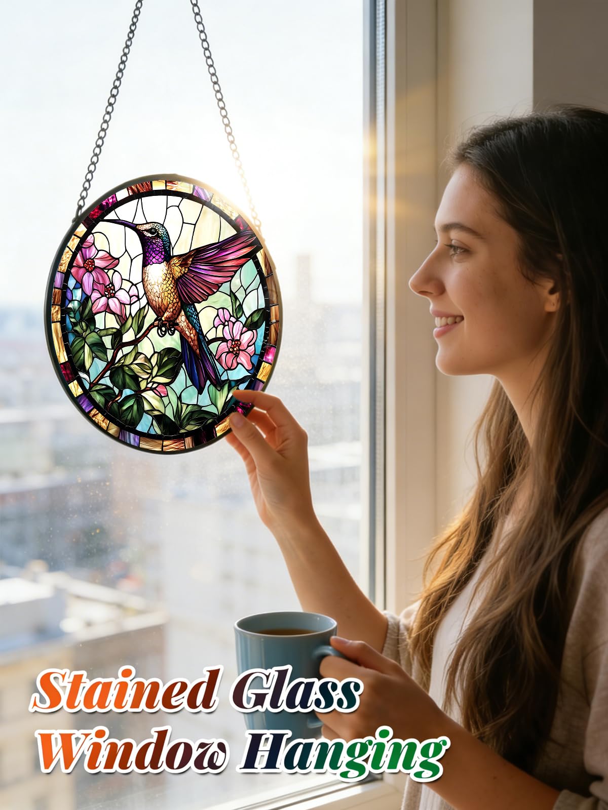Meyocky stained-glass detail highlights hummingbird design with fade-resistant color