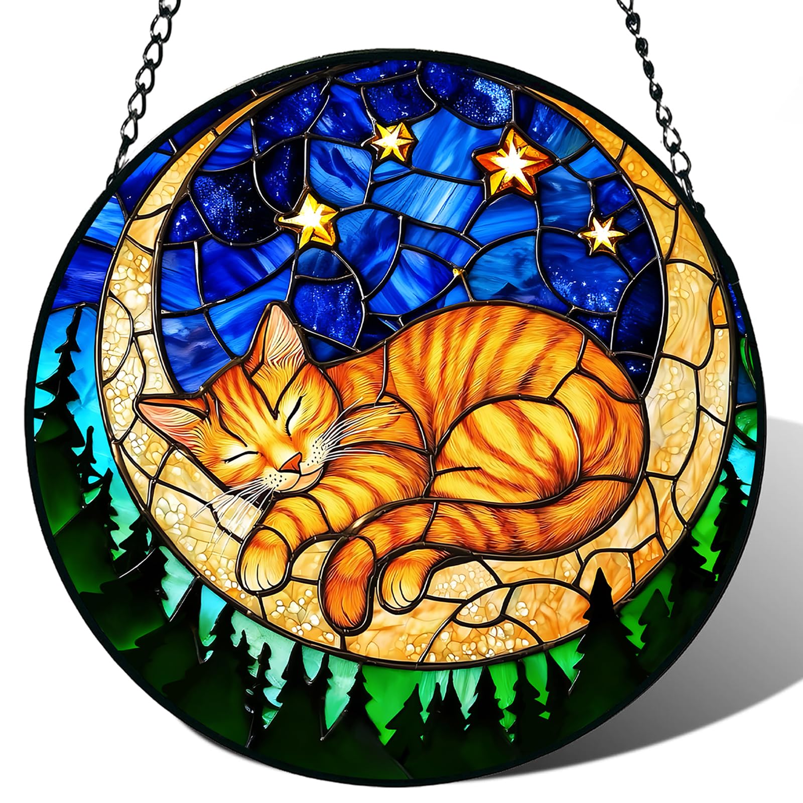 Meyocky stained glass orange cat suncatcher brightens windows with vibrant color.