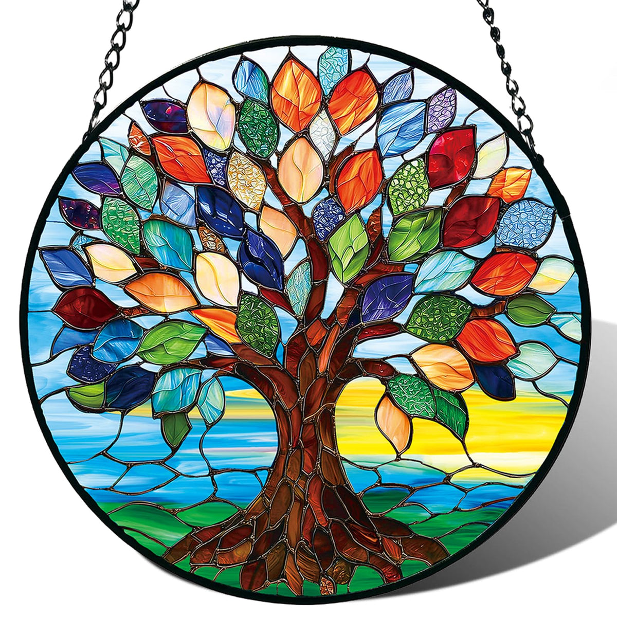 Meyocky Tree of Life stained glass sun catcher brightening windows with rainbow reflections.