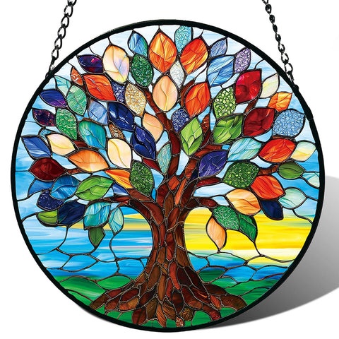 Meyocky Tree of Life stained glass sun catcher brightening windows with rainbow reflections.