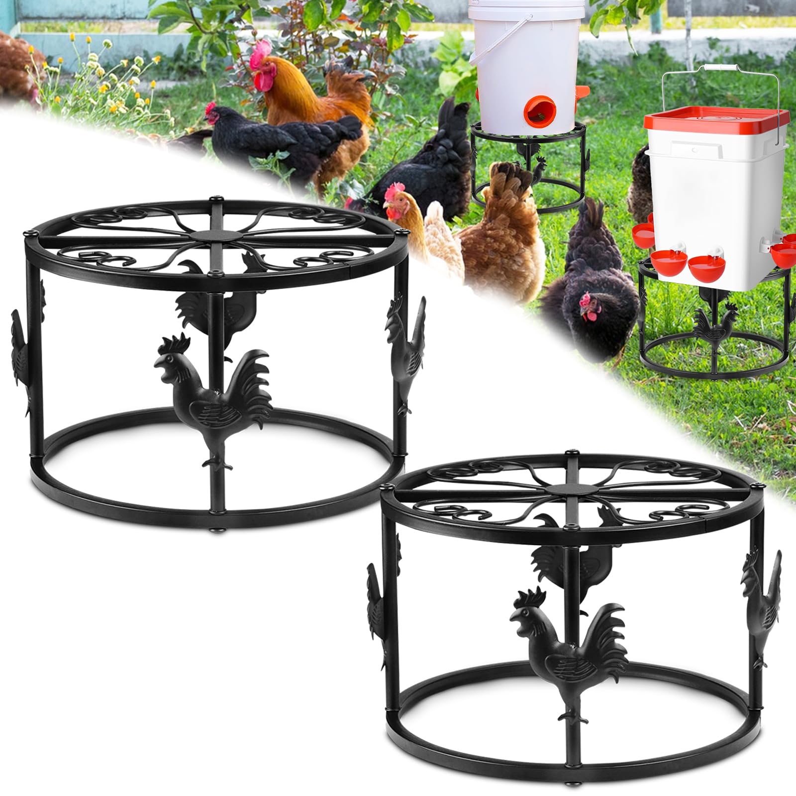 MeyRolizn 2pc metal stand with chicken feeder base, elevating waterer for easy reach
