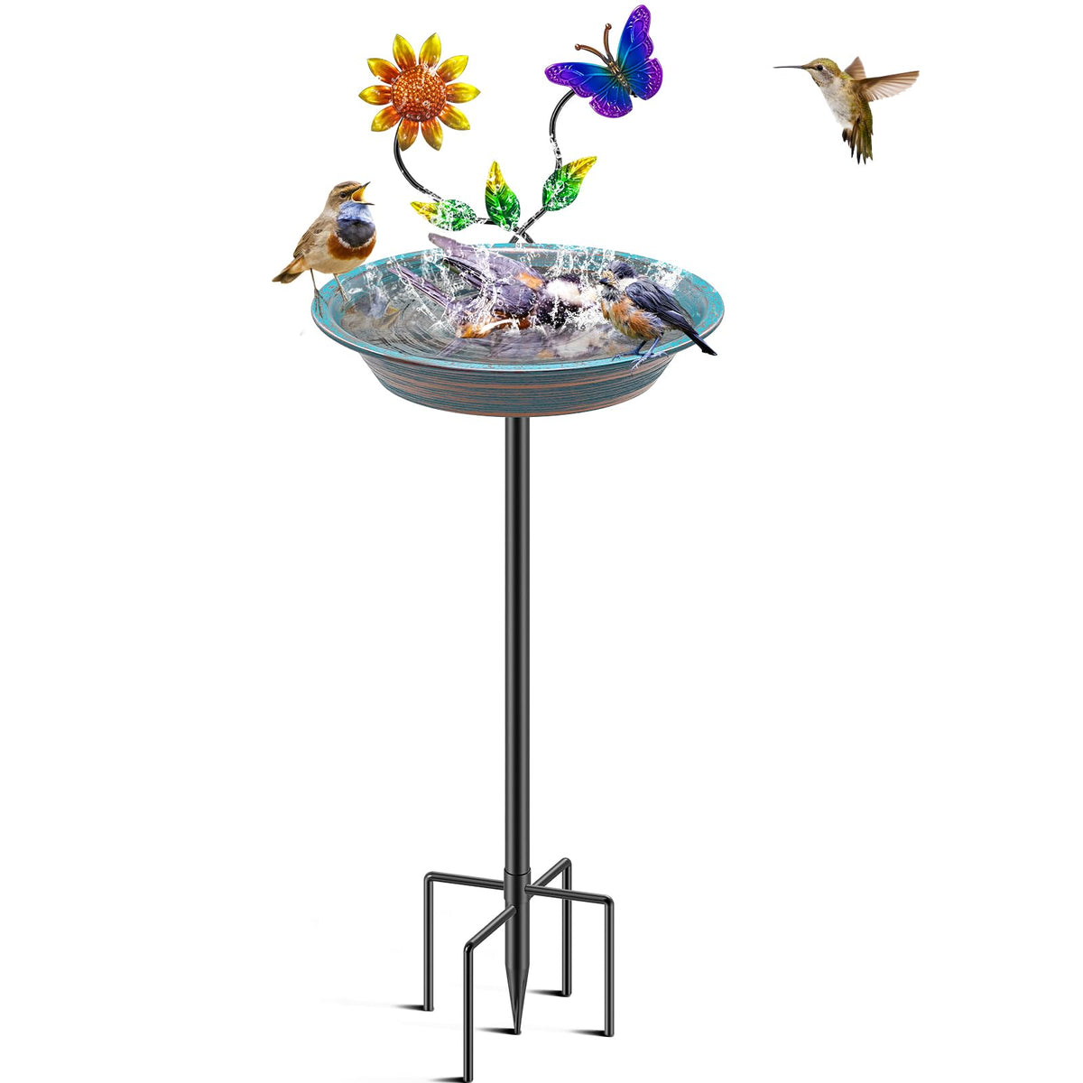 MeyRolizn bird bath blue with 5-prong base attracts garden birds