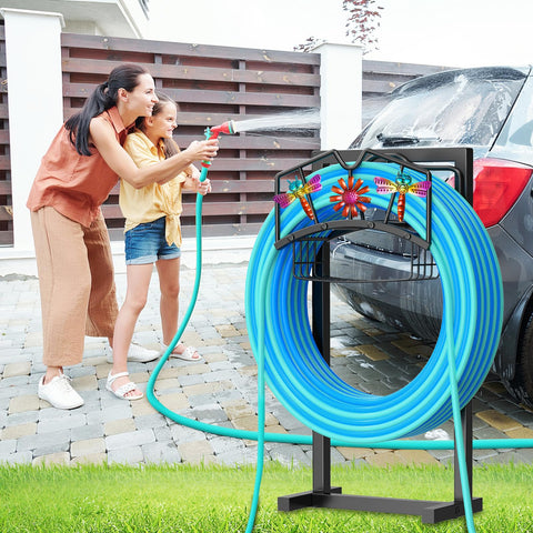 Black finish MeyRolizn hose holder blends with outdoor space