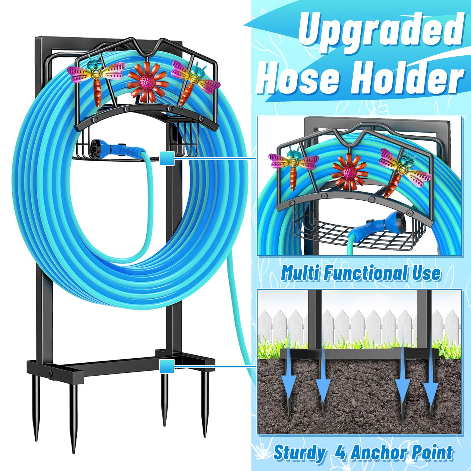 MeyRolizn four ground spikes secure the hose holder in a yard