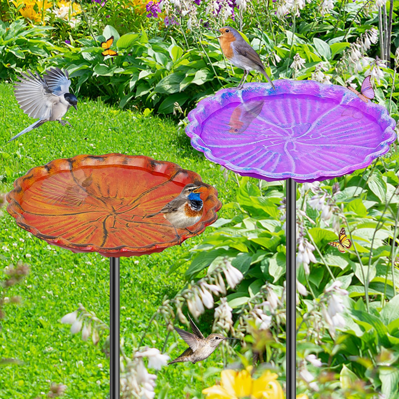 MeyRolizn hummingbird bird bath in purple and orange attracts garden birds.