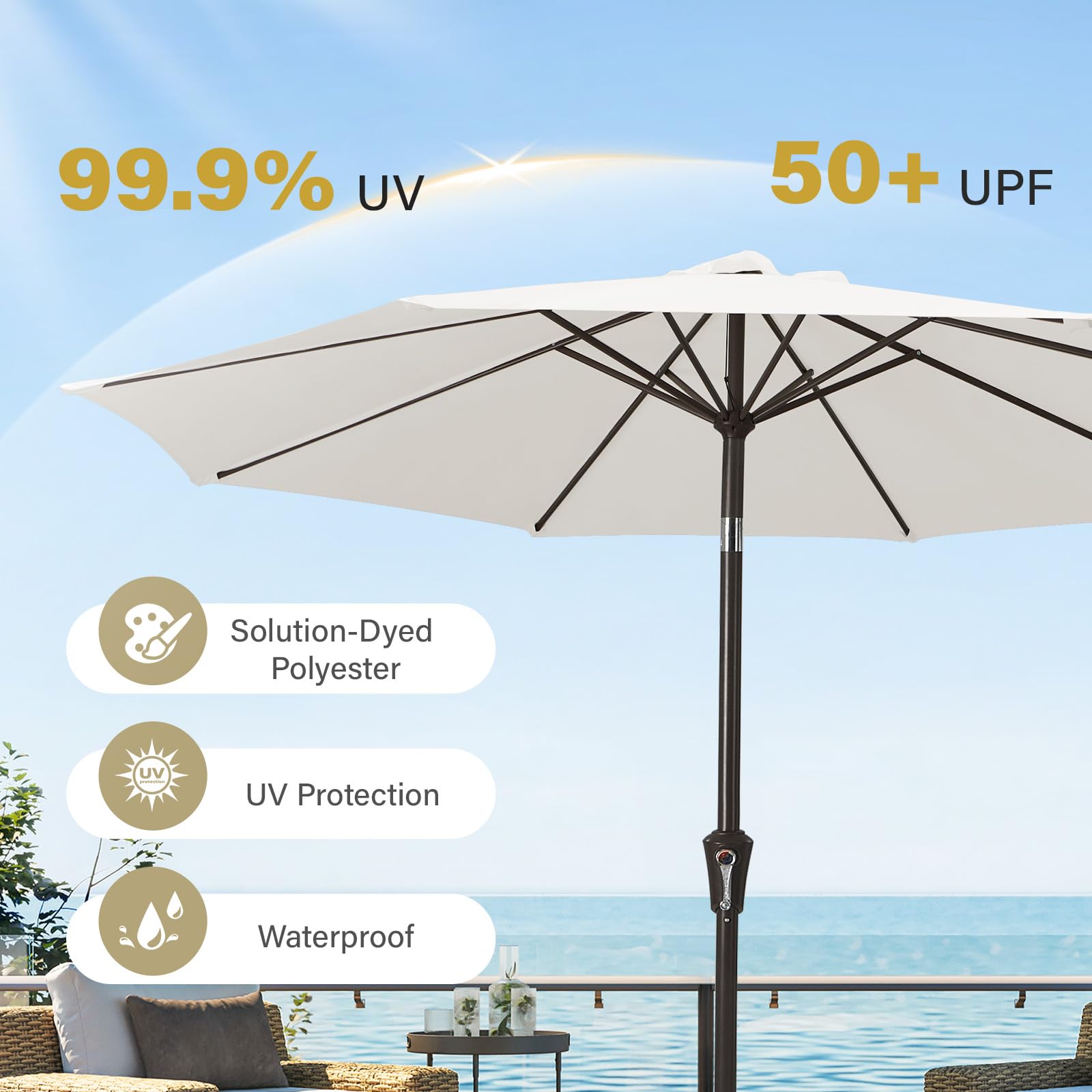 MEWAY crank lift system allows quick setup and easy closing of the umbrella.