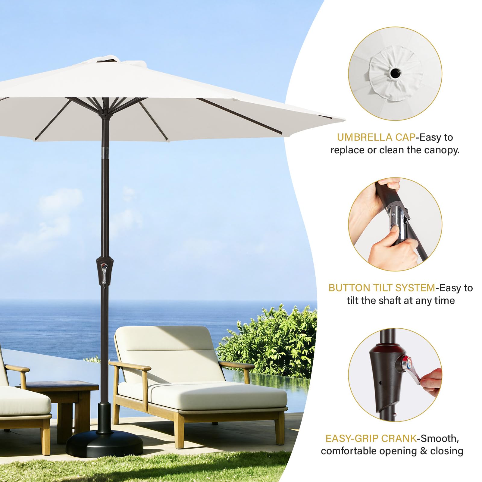 MEWAY off-white canopy fabric provides fade-resistant, cool-looking shade.