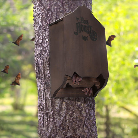Mezchi bat house mounted on a tree in a yard.