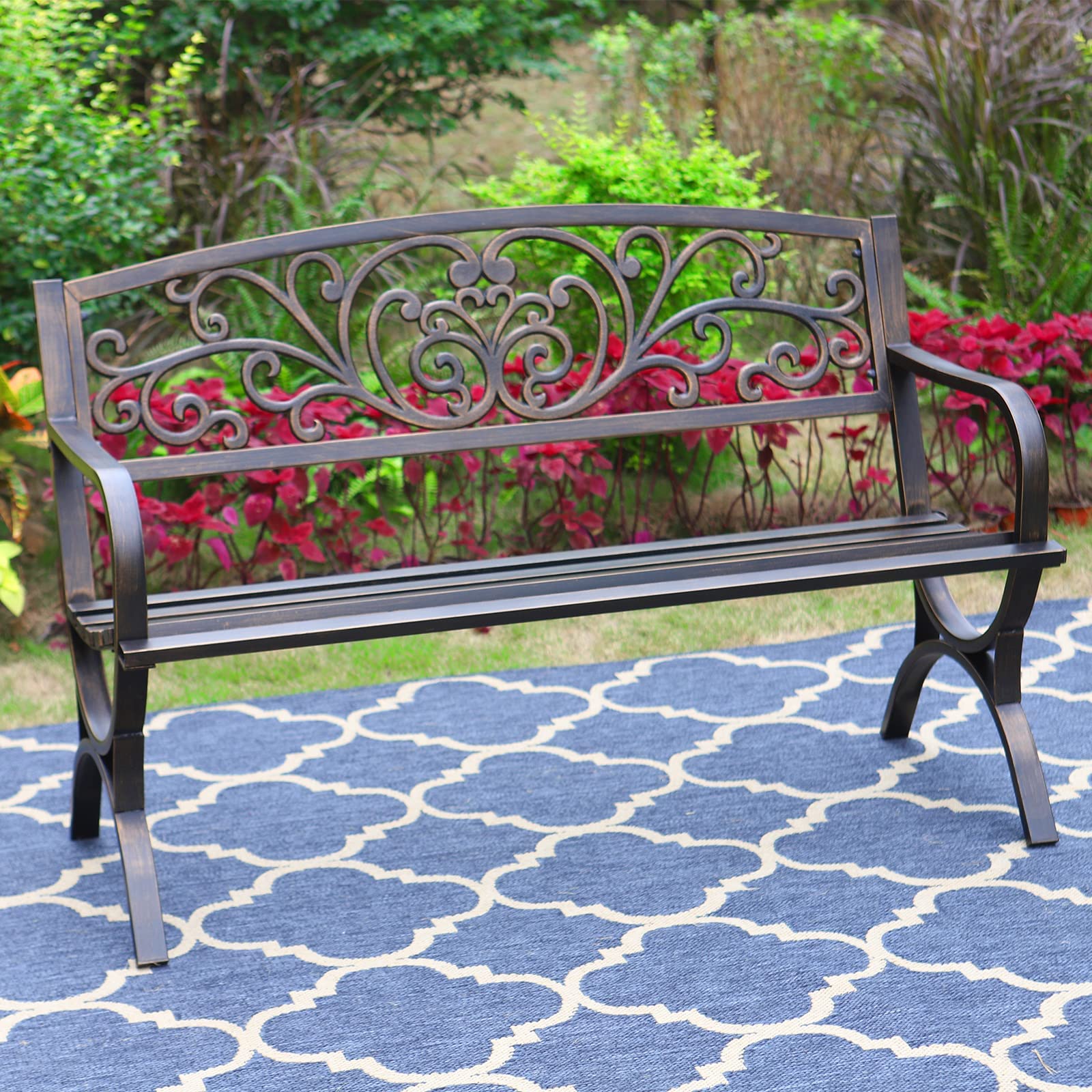 MFSTUDIO 50-in outdoor bench with floral backrest offers stylish garden seating.