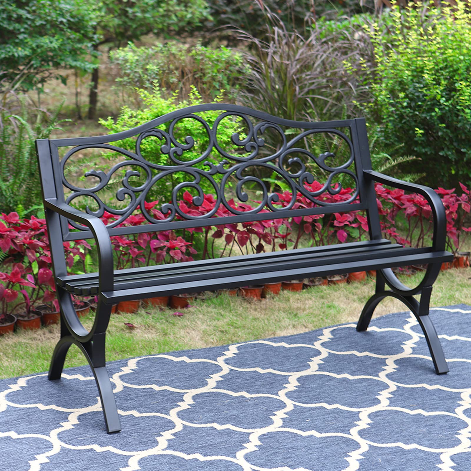 MFSTUDIO 50in outdoor garden bench with floral backrest for relaxing yard moments