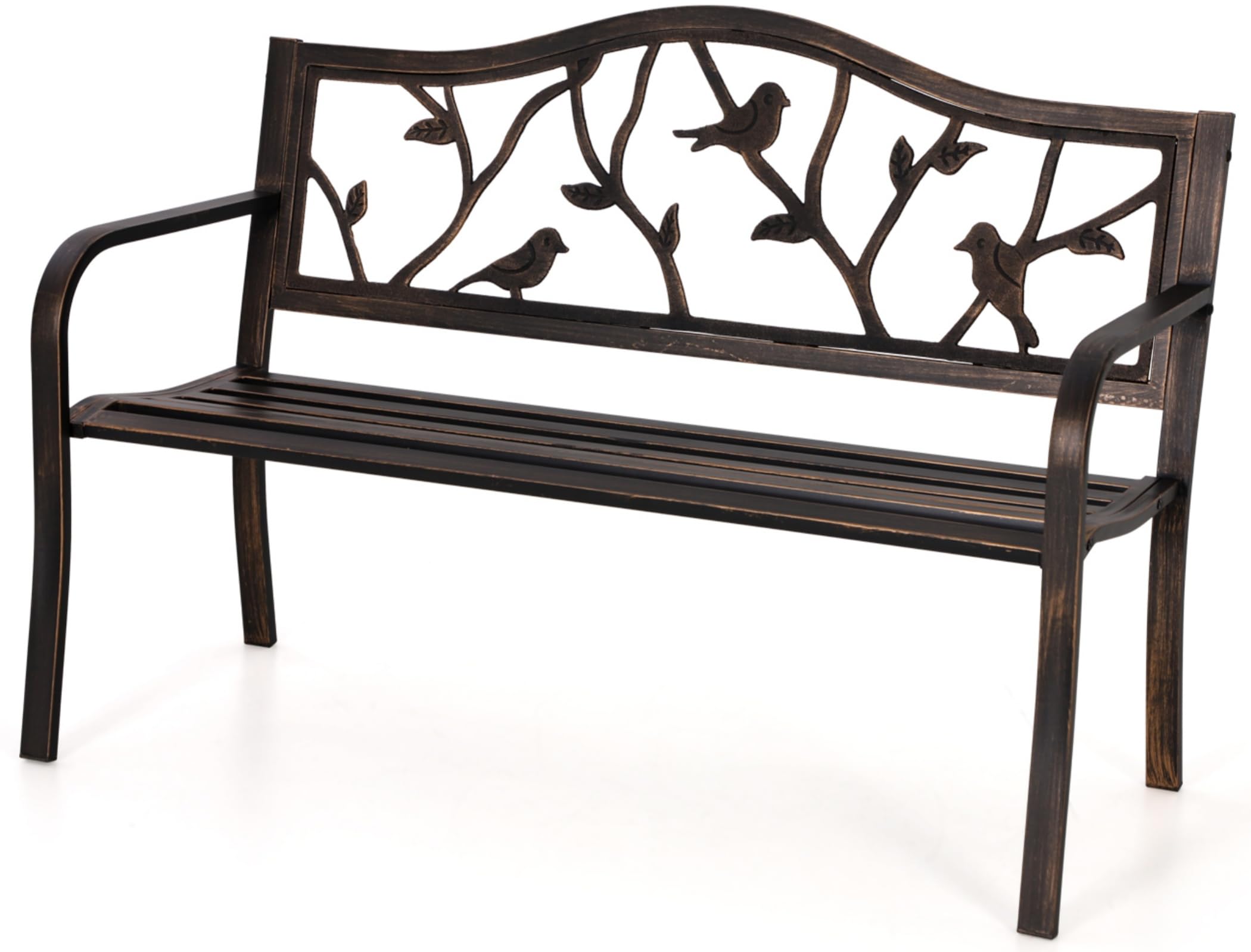 MFSTUDIO 50-inch outdoor bench with bird-pattern backrest in bronze finish for garden charm.