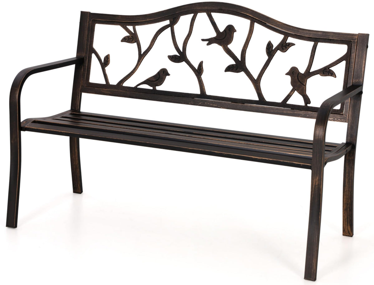 MFSTUDIO 50-inch outdoor bench with bird-pattern backrest in bronze finish for garden charm.