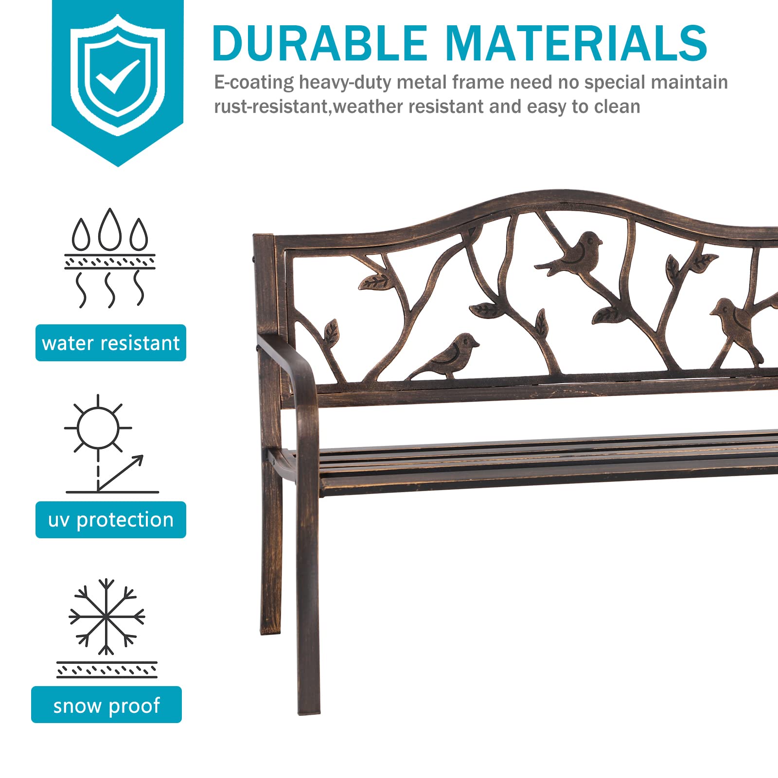 Bird-pattern backrest adds decorative charm to MFSTUDIO decorative garden bench.