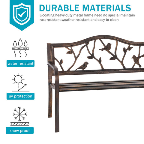 Bird-pattern backrest adds decorative charm to MFSTUDIO decorative garden bench.