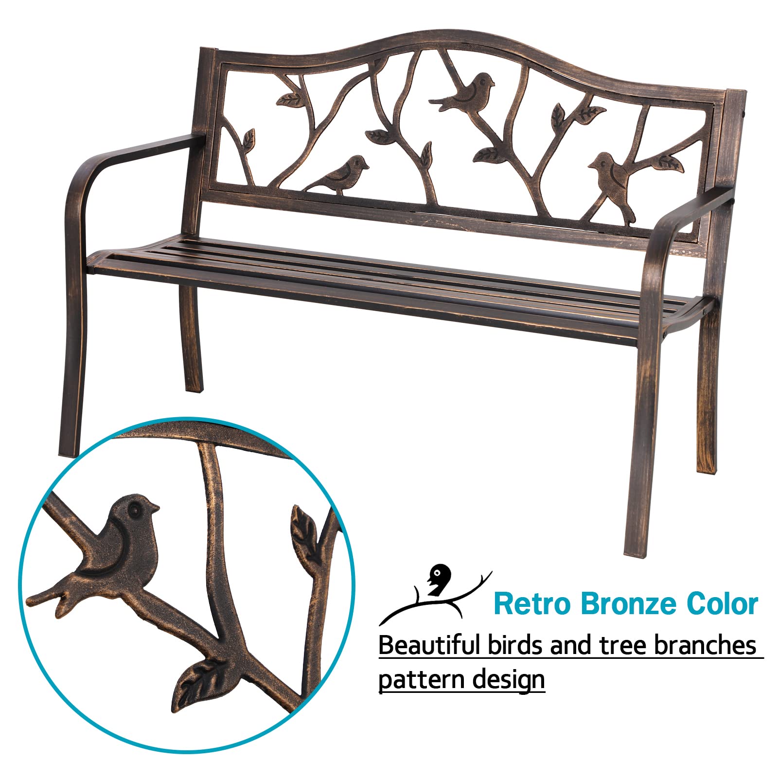 Easy-assembly MFSTUDIO outdoor bench shown ready for quick setup in about 20 minutes.
